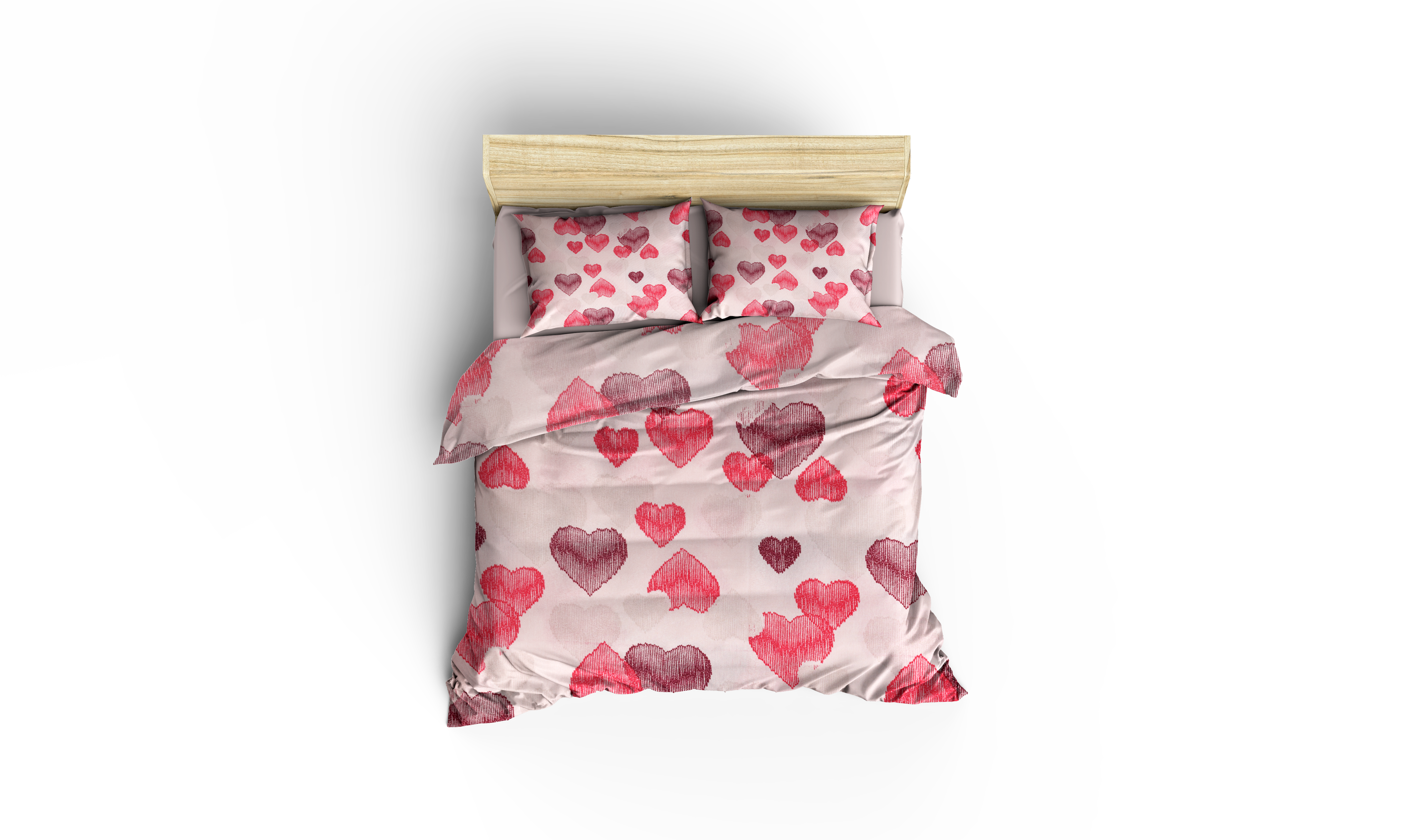 Pembe Kalp Desenli Pamuklu Nevresim Takımı | Lastikli Çarşaflı