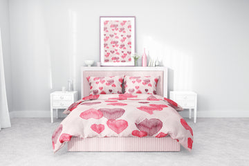 Pembe Kalp Desenli Pamuklu Nevresim Takımı | Lastikli Çarşaflı