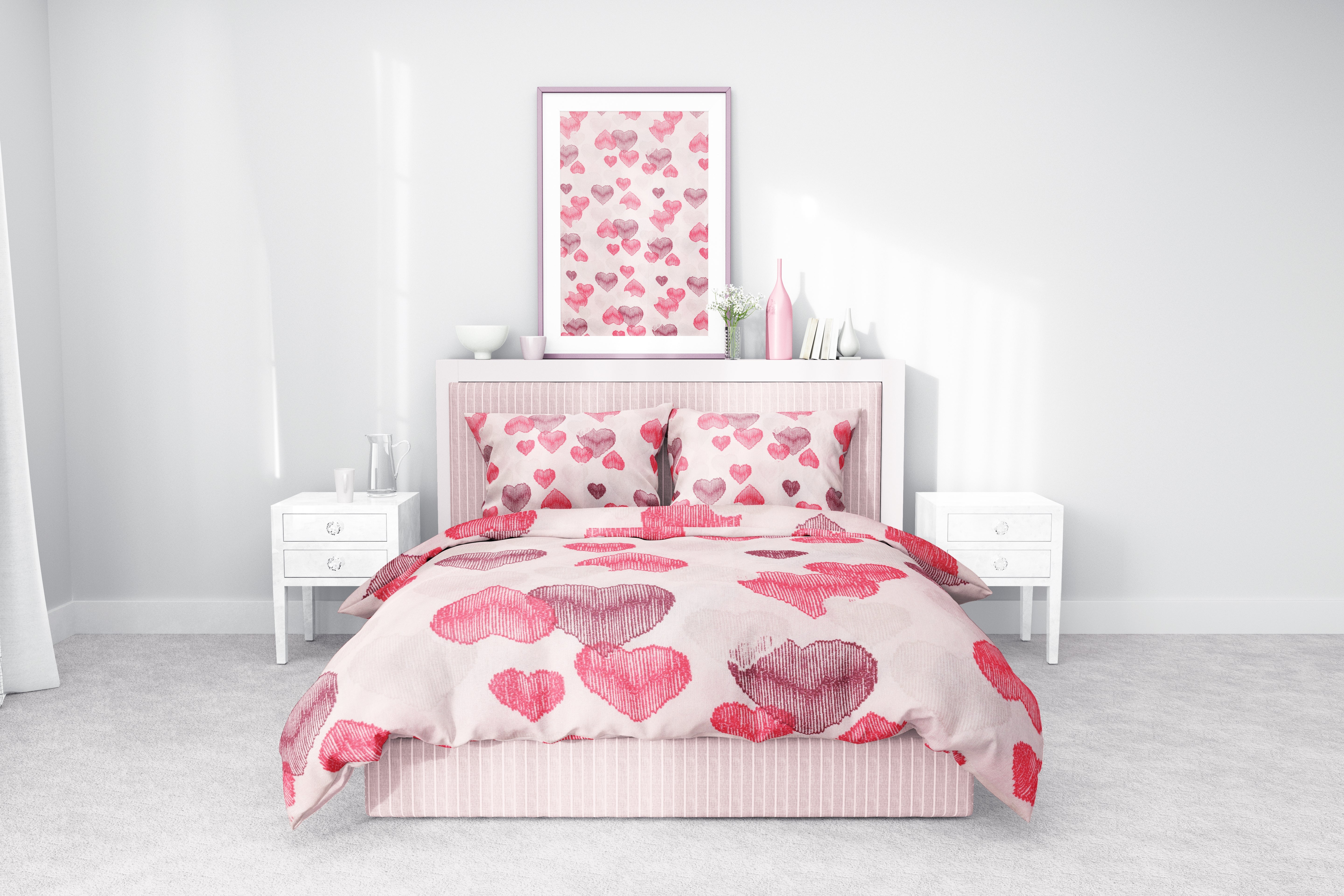 Pembe Kalp Desenli Pamuklu Nevresim Takımı | Lastikli Çarşaflı