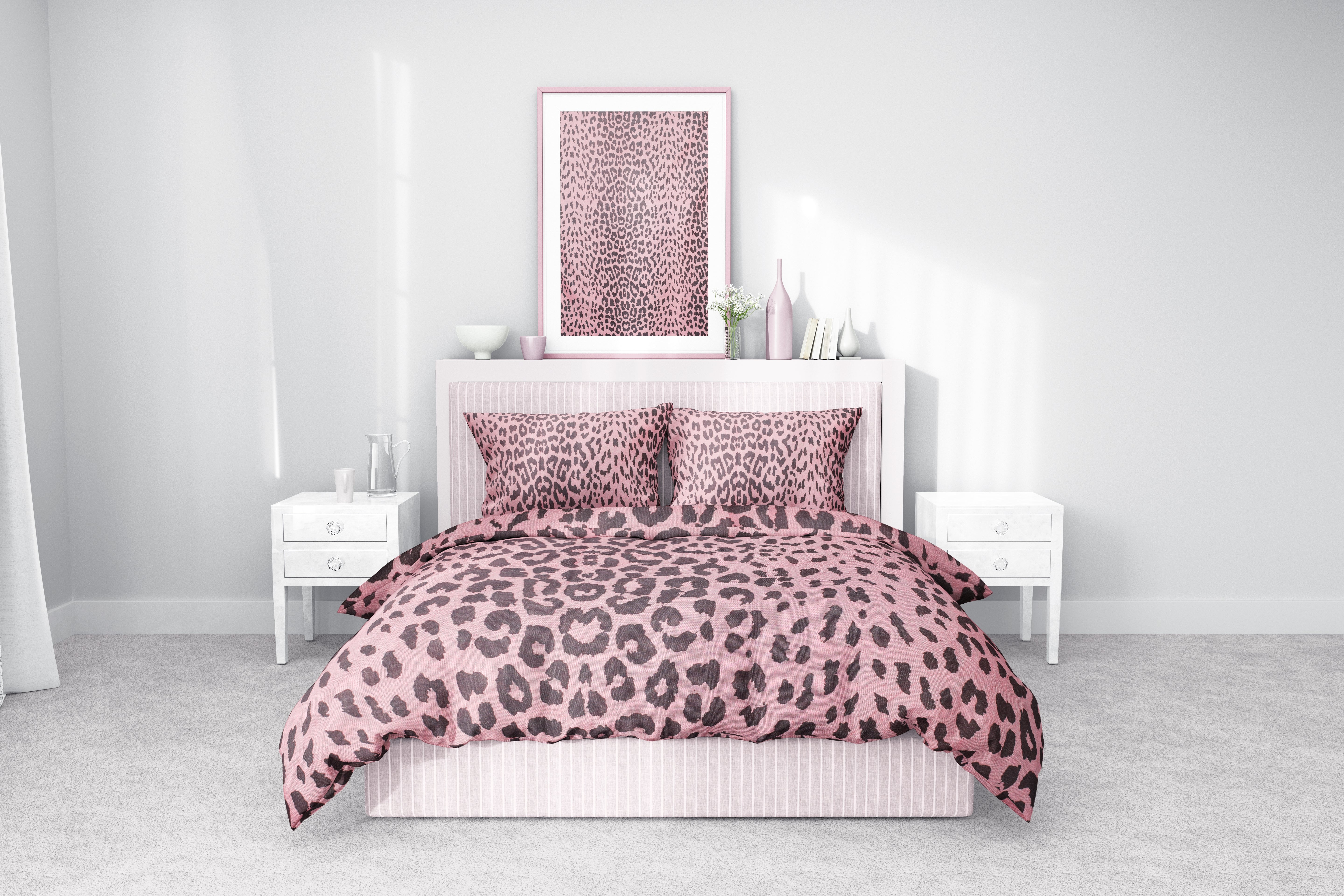 Pembe Leopar Desenli Pamuklu Nevresim Takımı | Lastikli Çarşaflı