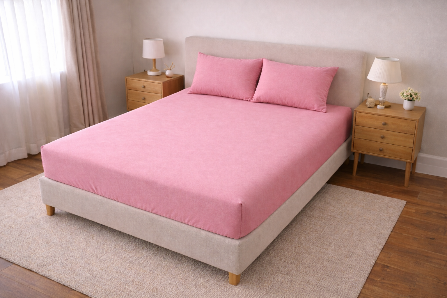 Düz Pembe Lastikli Çarşaf