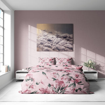 Pudra Pembe Çiçek Desenli Pamuklu Nevresim Takımı | Lastikli Çarşaflı
