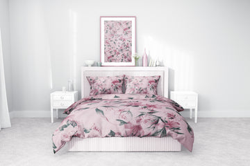 Pudra Pembe Çiçek Desenli Pamuklu Nevresim Takımı | Lastikli Çarşaflı