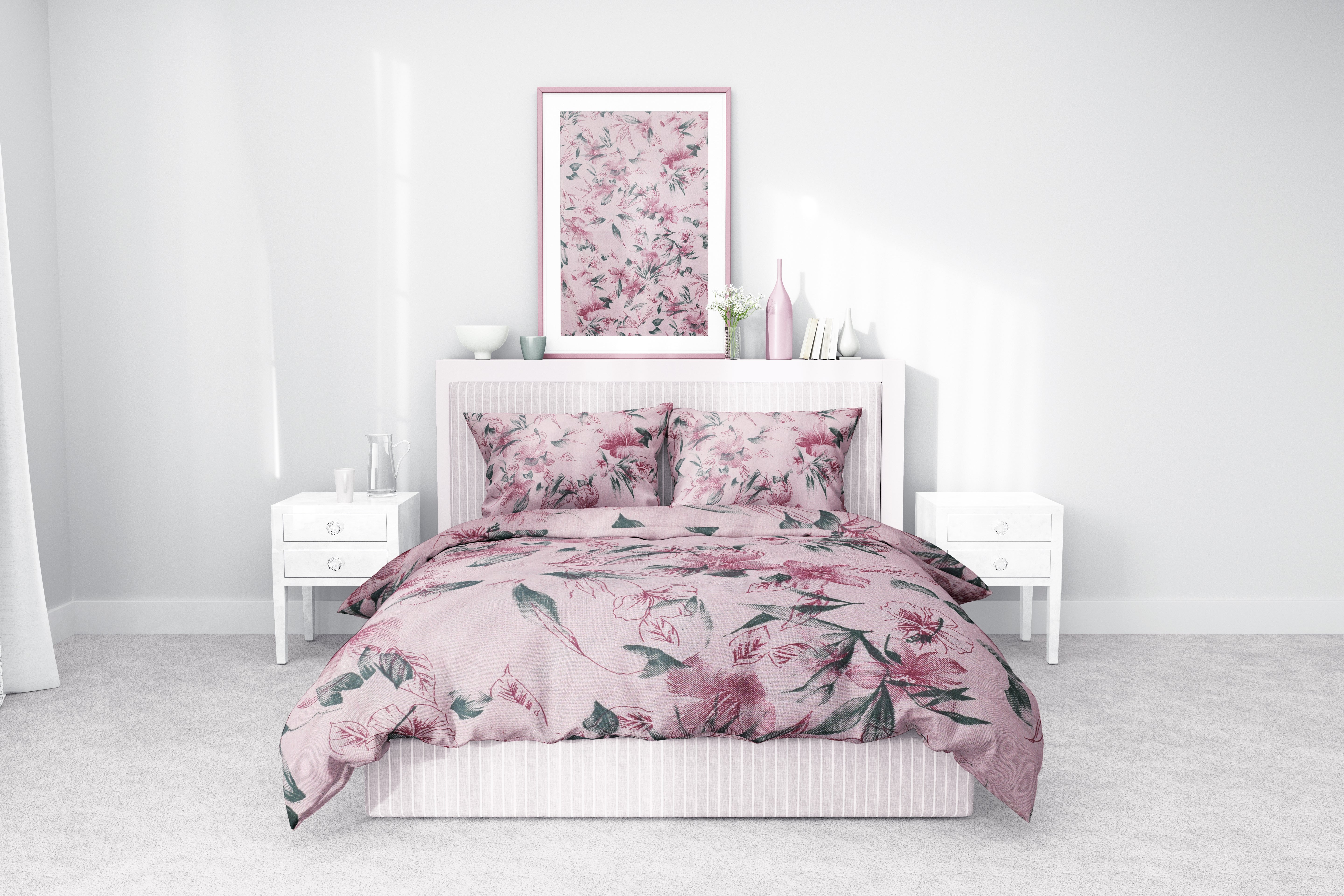 Pudra Pembe Çiçek Desenli Pamuklu Nevresim Takımı | Lastikli Çarşaflı