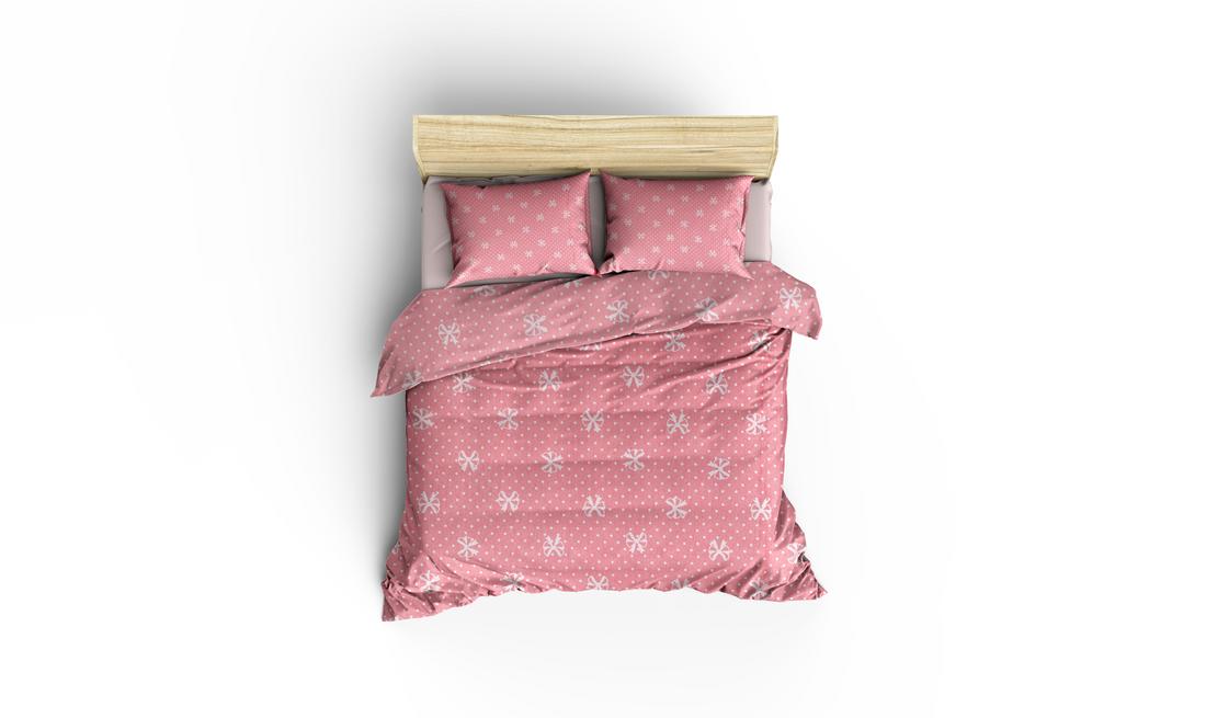 Pudra Pembe Fiyonk Desenli Pamuklu Nevresim Takımı | Lastikli Çarşaflı