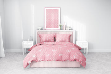 Pudra Pembe Fiyonk Desenli Pamuklu Nevresim Takımı | Lastikli Çarşaflı