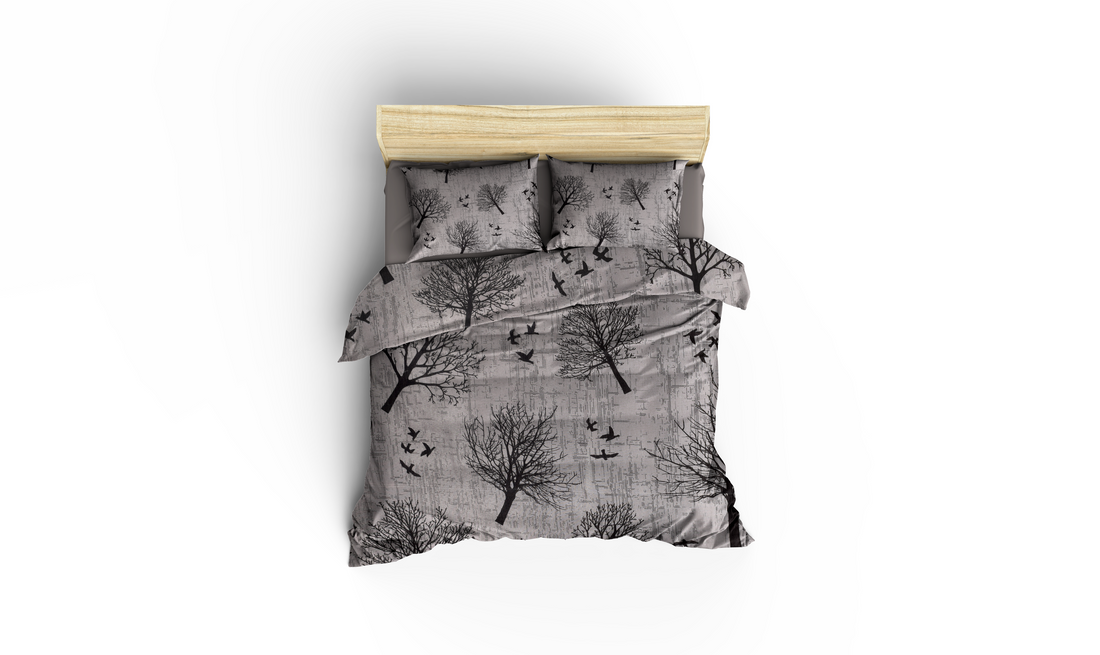 Siyah Ağaç Desenli Pamuklu Nevresim Takımı | Lastikli Çarşaflı