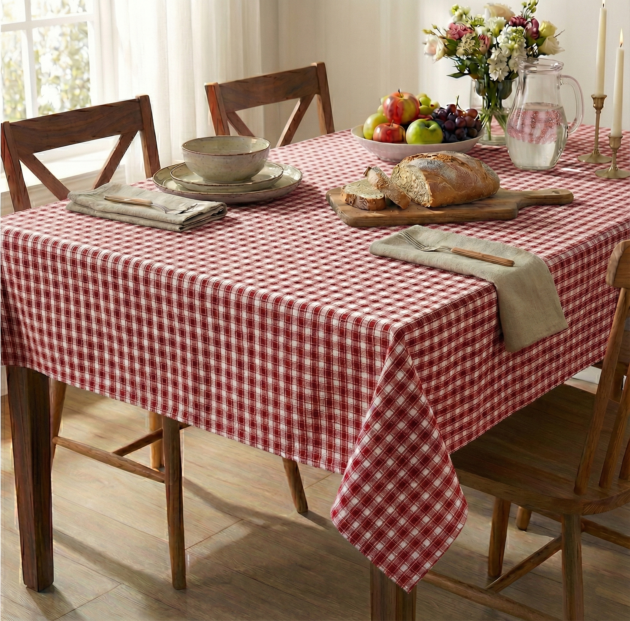 Kırmızı Beyaz Pötikare Desenli Pamuklu Masa Örtüsü