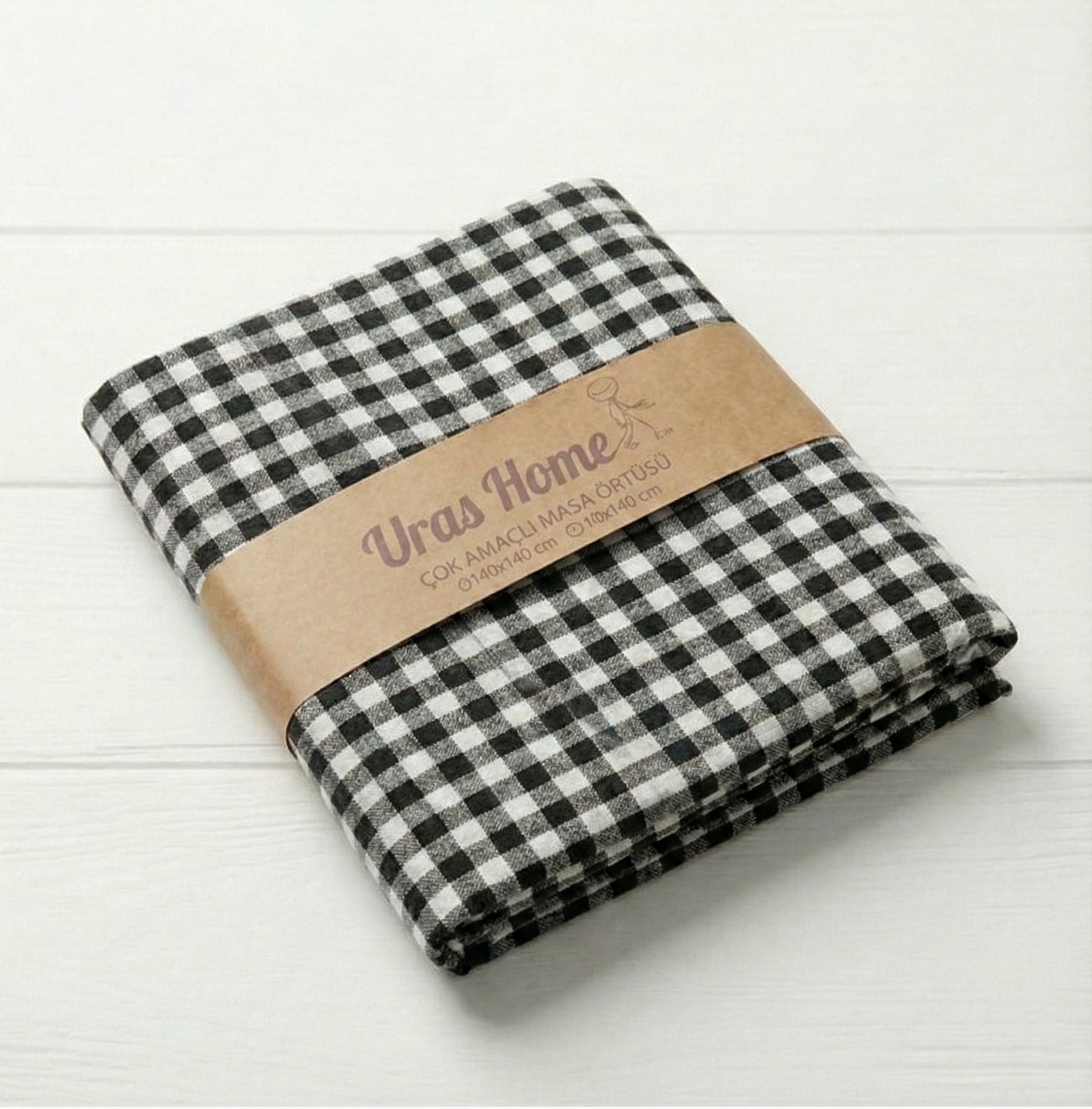 Siyah Beyaz Pötikare Desenli Pamuklu Masa Örtüsü