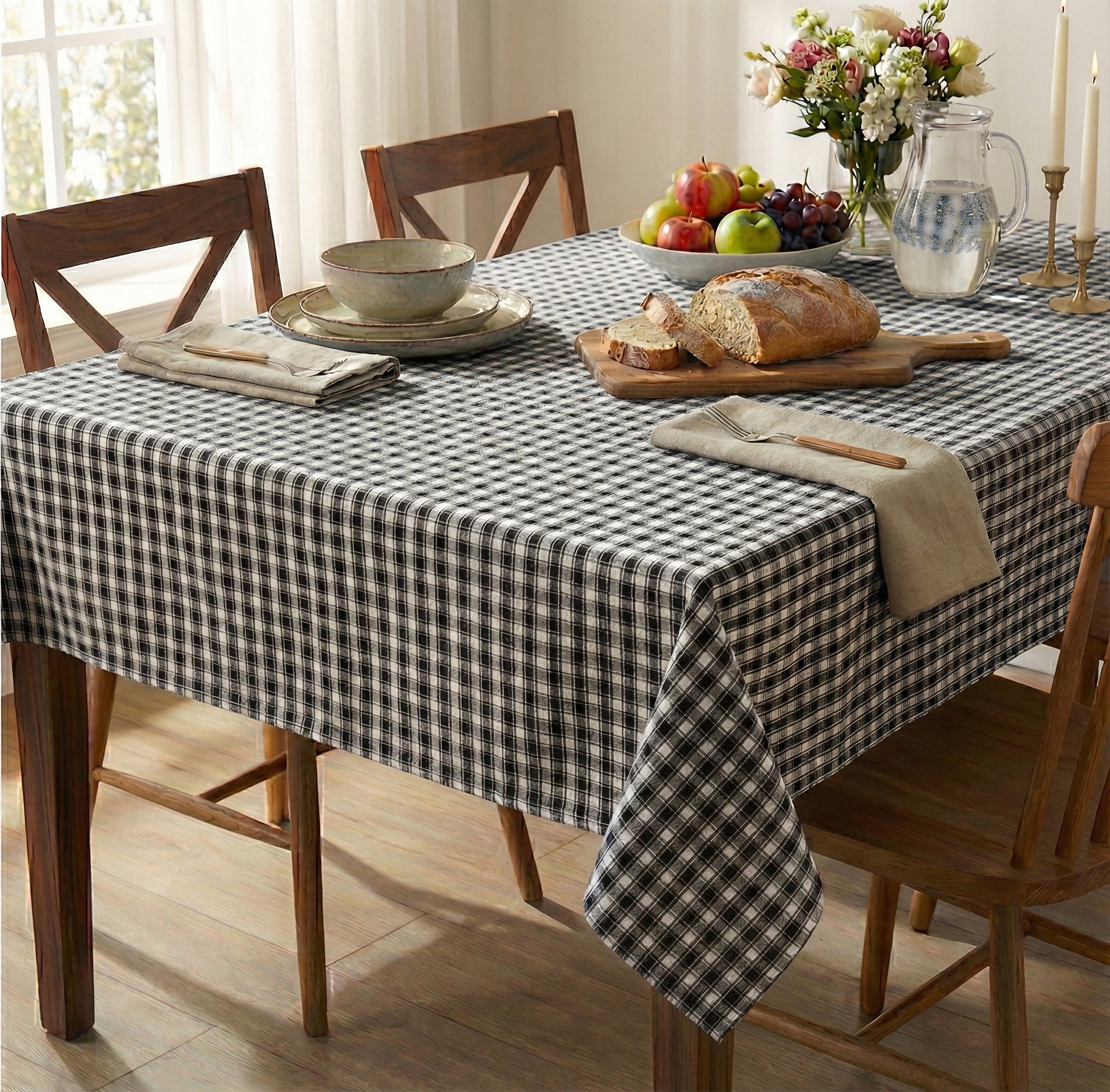 Siyah Beyaz Pötikare Desenli Pamuklu Masa Örtüsü