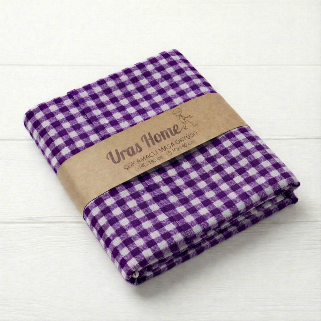 Mor Beyaz Pötikare Desenli Pamuklu Masa Örtüsü