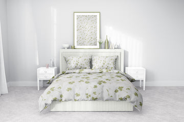 Yeşil Yonca Desenli Pamuklu Nevresim Takımı | Lastikli Çarşaflı