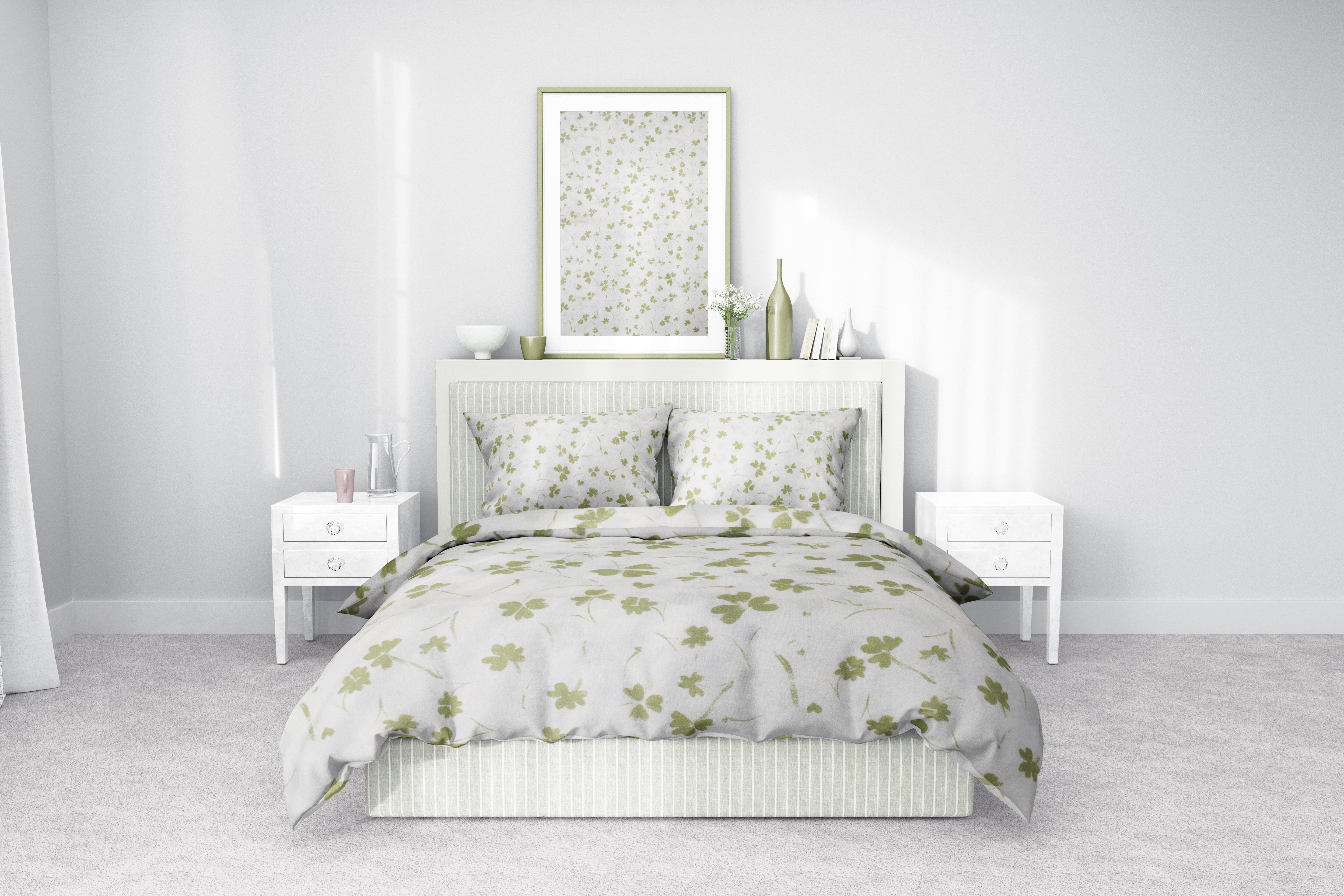 Yeşil Yonca Desenli Pamuklu Nevresim Takımı | Lastikli Çarşaflı